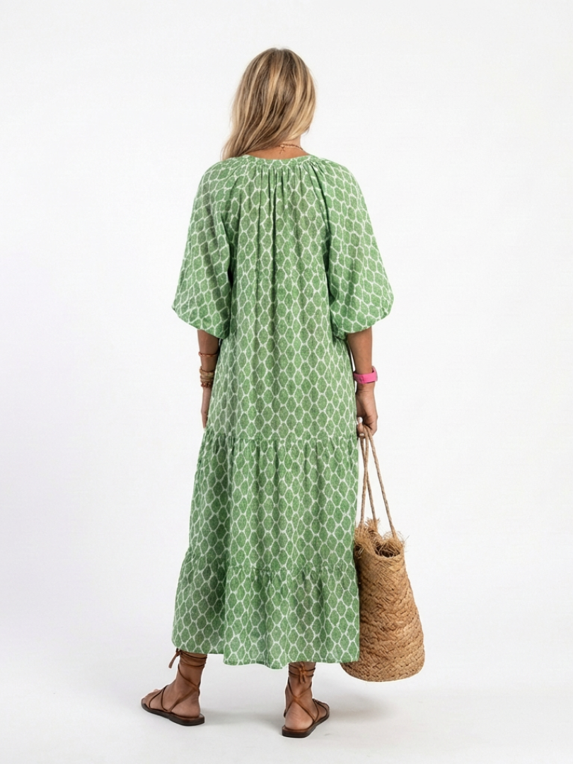 Apolline | Vestido Midi con Estampado y Escote en V de Manga Tres Cuartos
