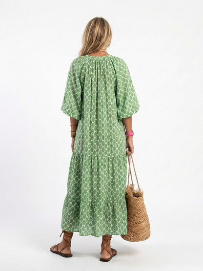 Apolline | Vestido Midi con Estampado y Escote en V de Manga Tres Cuartos