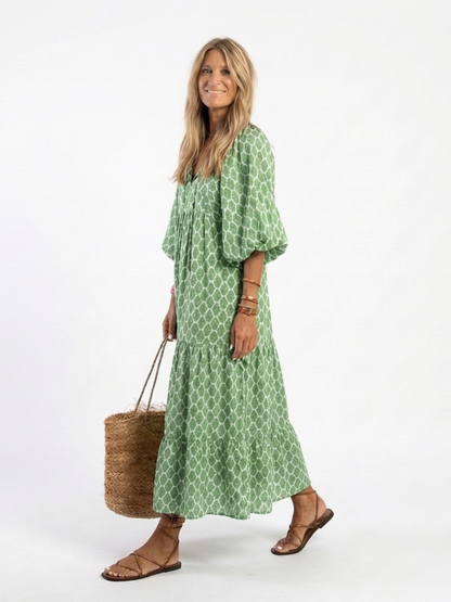 Apolline | Vestido Midi con Estampado y Escote en V de Manga Tres Cuartos