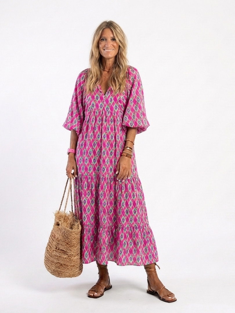 Apolline | Vestido Midi con Estampado y Escote en V de Manga Tres Cuartos