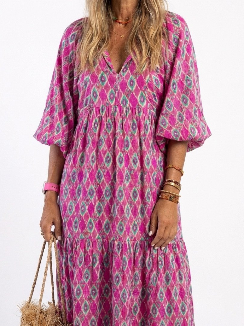 Apolline | Vestido Midi con Estampado y Escote en V de Manga Tres Cuartos