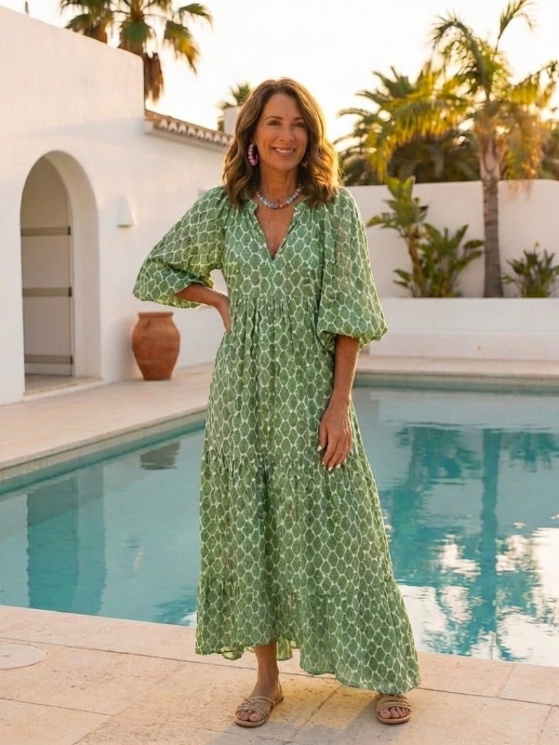 Apolline | Vestido Midi con Estampado y Escote en V de Manga Tres Cuartos
