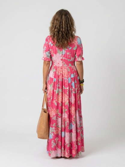 Ione | Vestido Midi Floral con Escote en V y Manga Corta