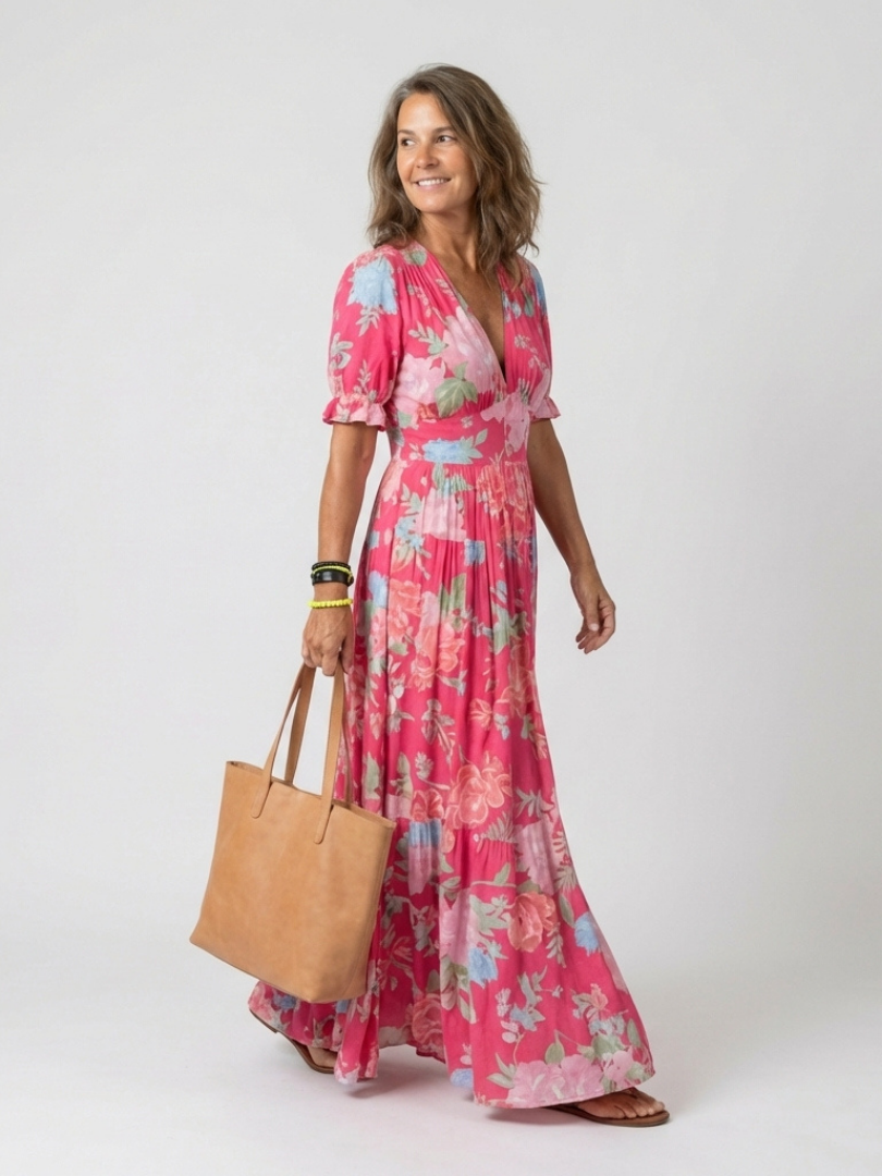 Ione | Vestido Midi Floral con Escote en V y Manga Corta