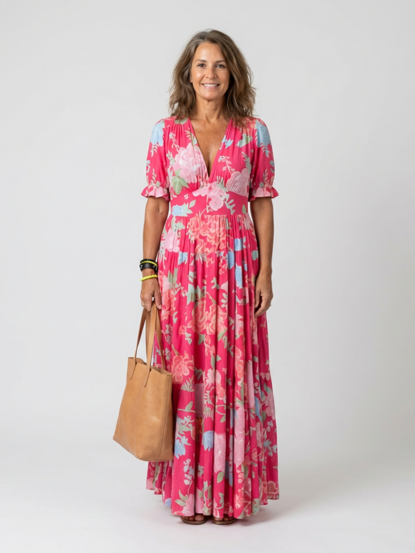 Ione | Vestido Midi Floral con Escote en V y Manga Corta