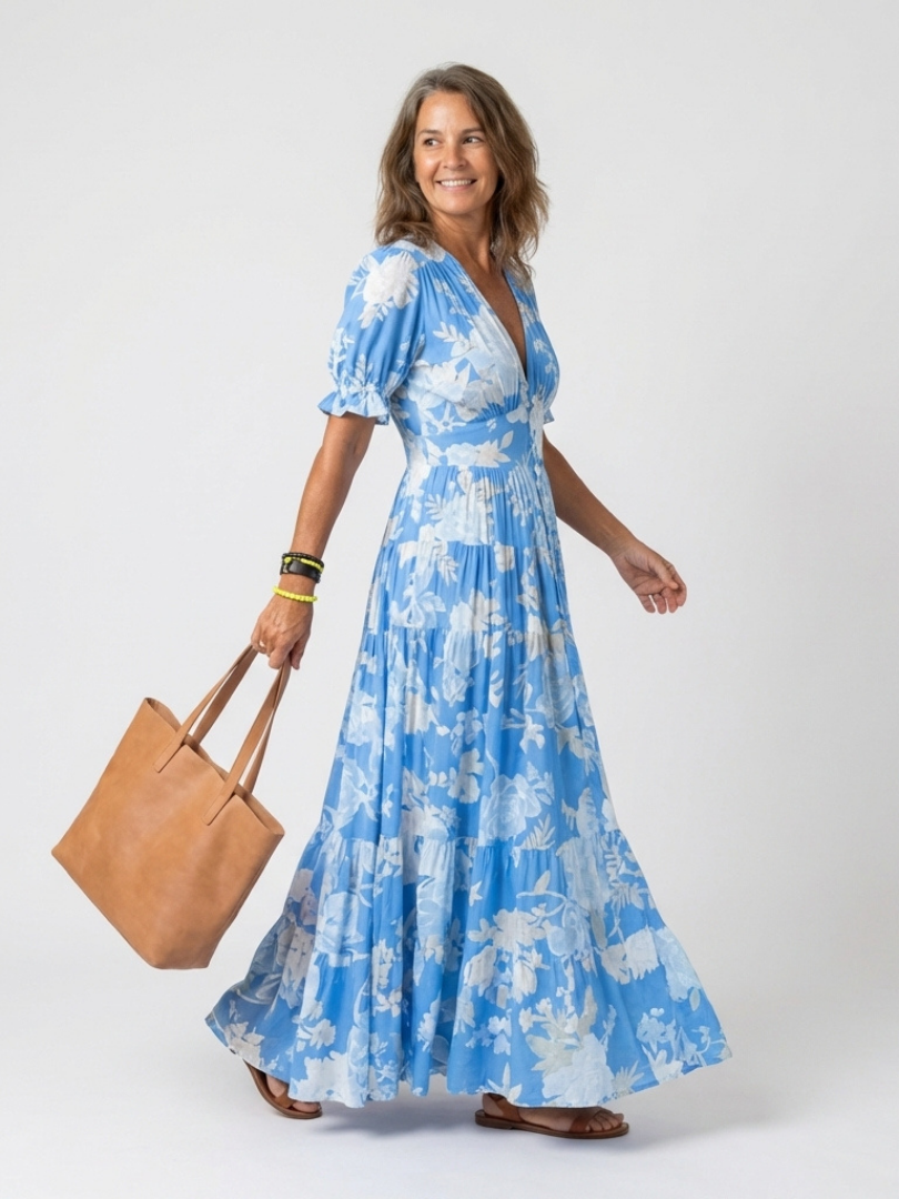 Ione | Vestido Midi Floral con Escote en V y Manga Corta