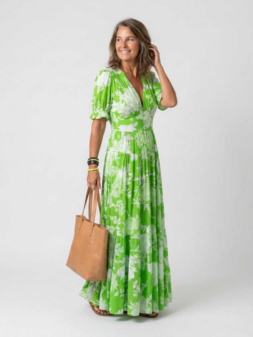 Ione | Vestido Midi Floral con Escote en V y Manga Corta