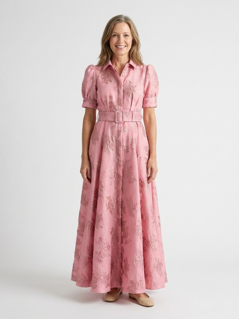 Xanthea | Vestido Camisero Maxi Floral Texturizado de Manga Corta con Cinturón