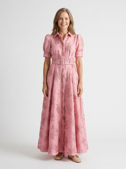 Xanthea | Vestido Camisero Maxi Floral Texturizado de Manga Corta con Cinturón