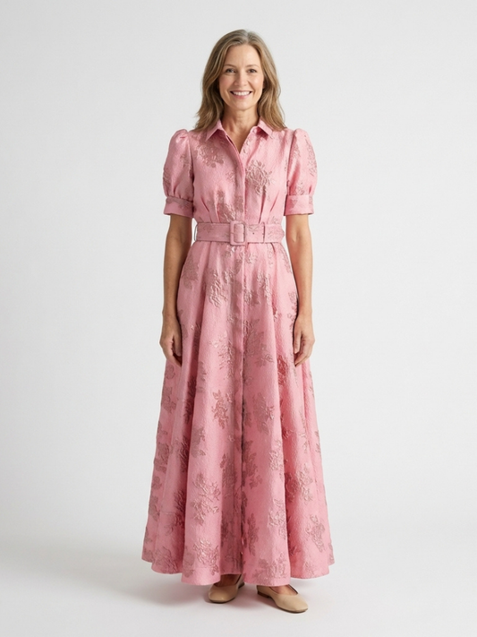 Xanthea | Vestido Camisero Maxi Floral Texturizado de Manga Corta con Cinturón
