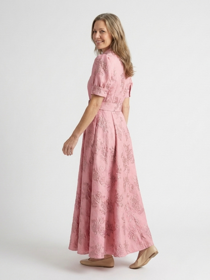 Xanthea | Vestido Camisero Maxi Floral Texturizado de Manga Corta con Cinturón