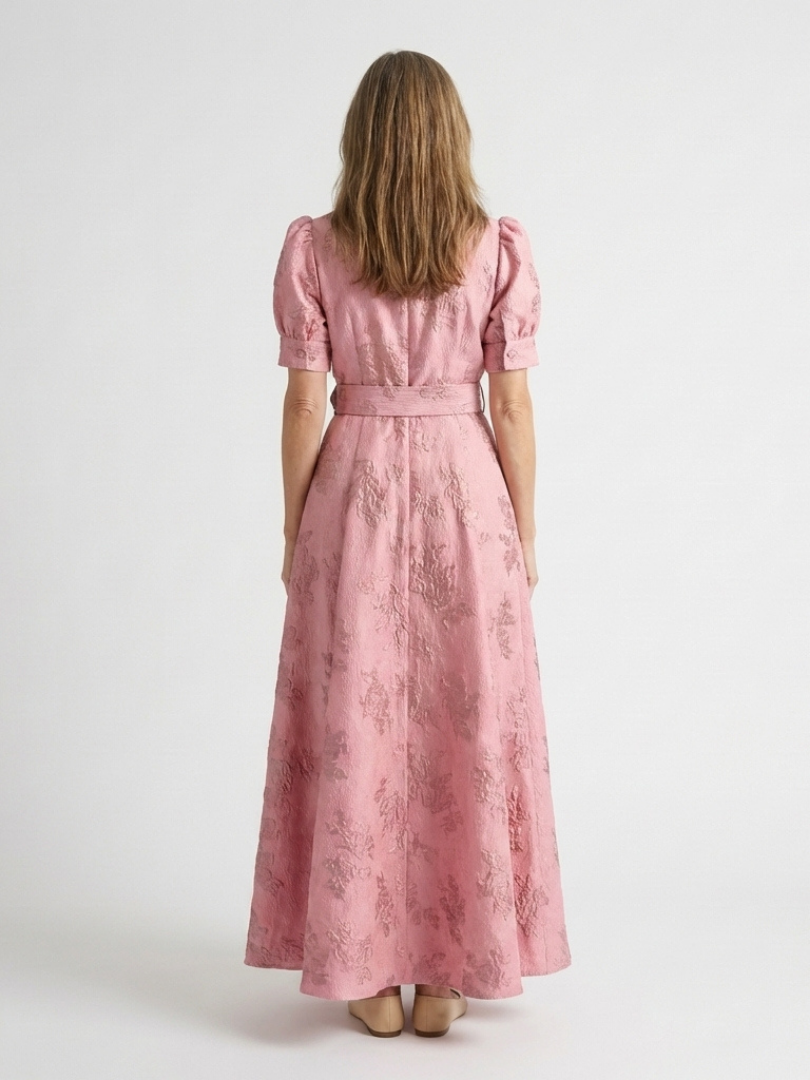 Xanthea | Vestido Camisero Maxi Floral Texturizado de Manga Corta con Cinturón