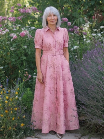 Xanthea | Vestido Camisero Maxi Floral Texturizado de Manga Corta con Cinturón