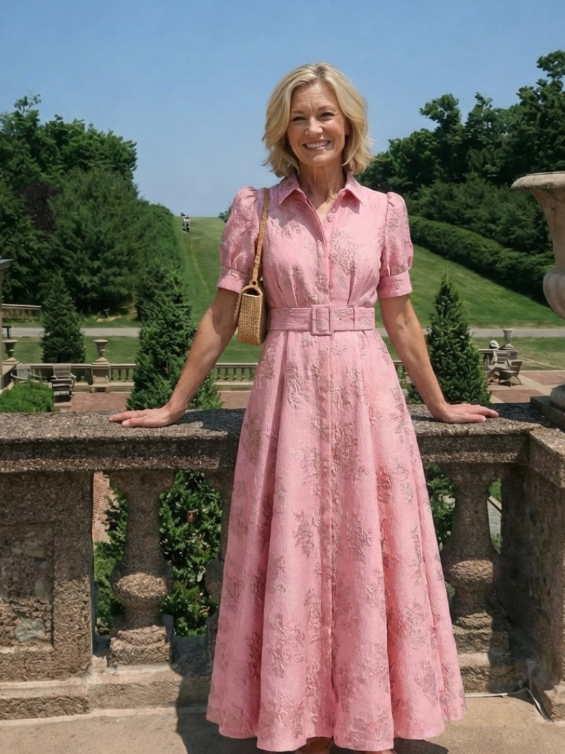 Xanthea | Vestido Camisero Maxi Floral Texturizado de Manga Corta con Cinturón