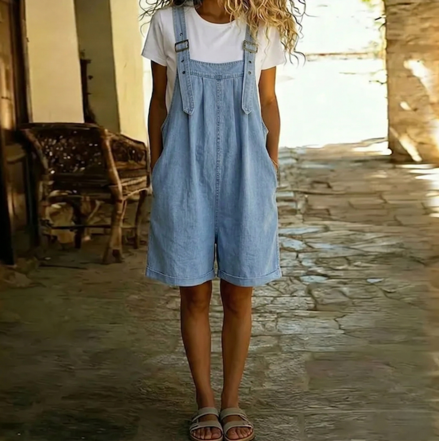 Isabel - Mono corto de denim con tacto suave de algodón y lavado vintage, azul claro