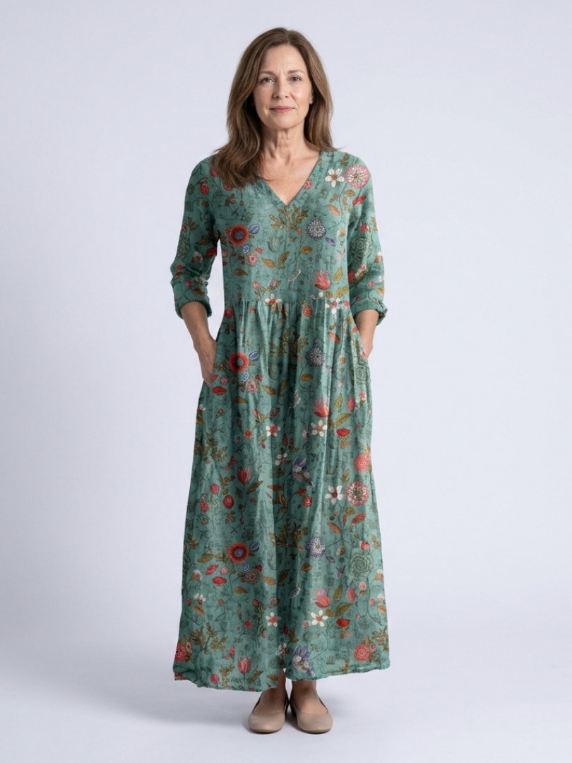 Marina | Vestido Maxi Floral con Escote en V y Manga Tres Cuartos