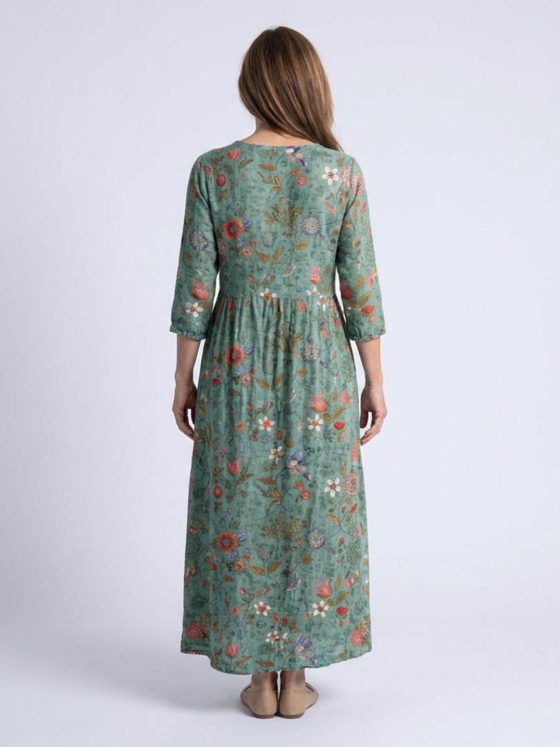 Marina | Vestido Maxi Floral con Escote en V y Manga Tres Cuartos