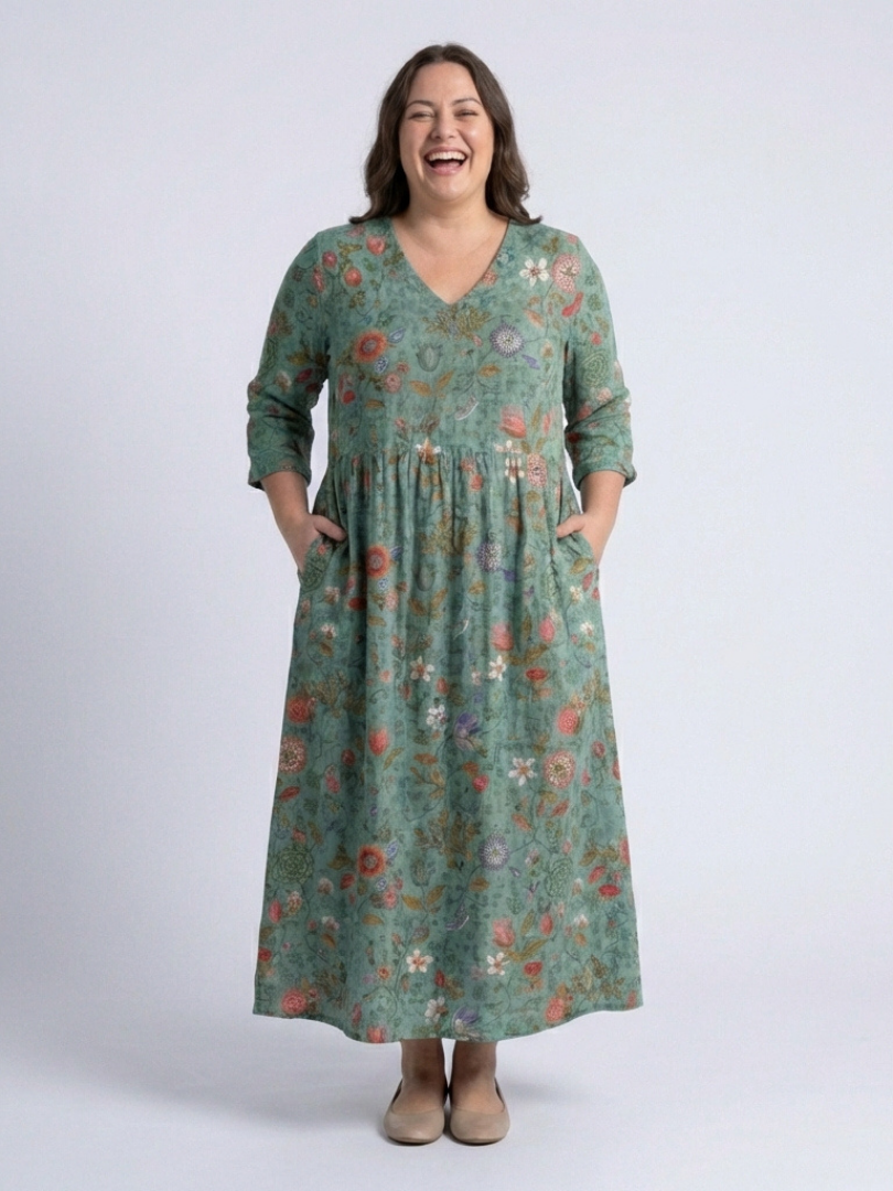 Marina | Vestido Maxi Floral con Escote en V y Manga Tres Cuartos