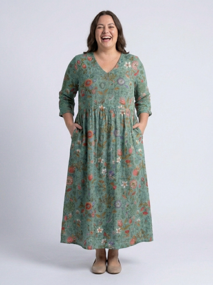 Marina | Vestido Maxi Floral con Escote en V y Manga Tres Cuartos