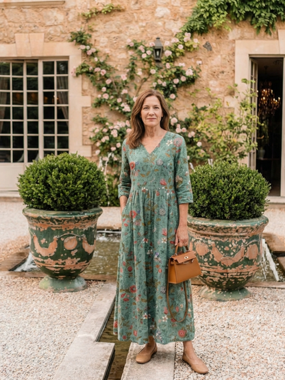 Marina | Vestido Maxi Floral con Escote en V y Manga Tres Cuartos