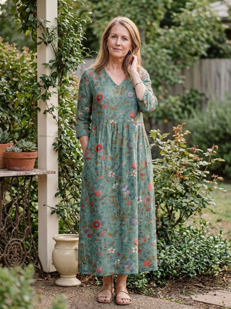 Marina | Vestido Maxi Floral con Escote en V y Manga Tres Cuartos