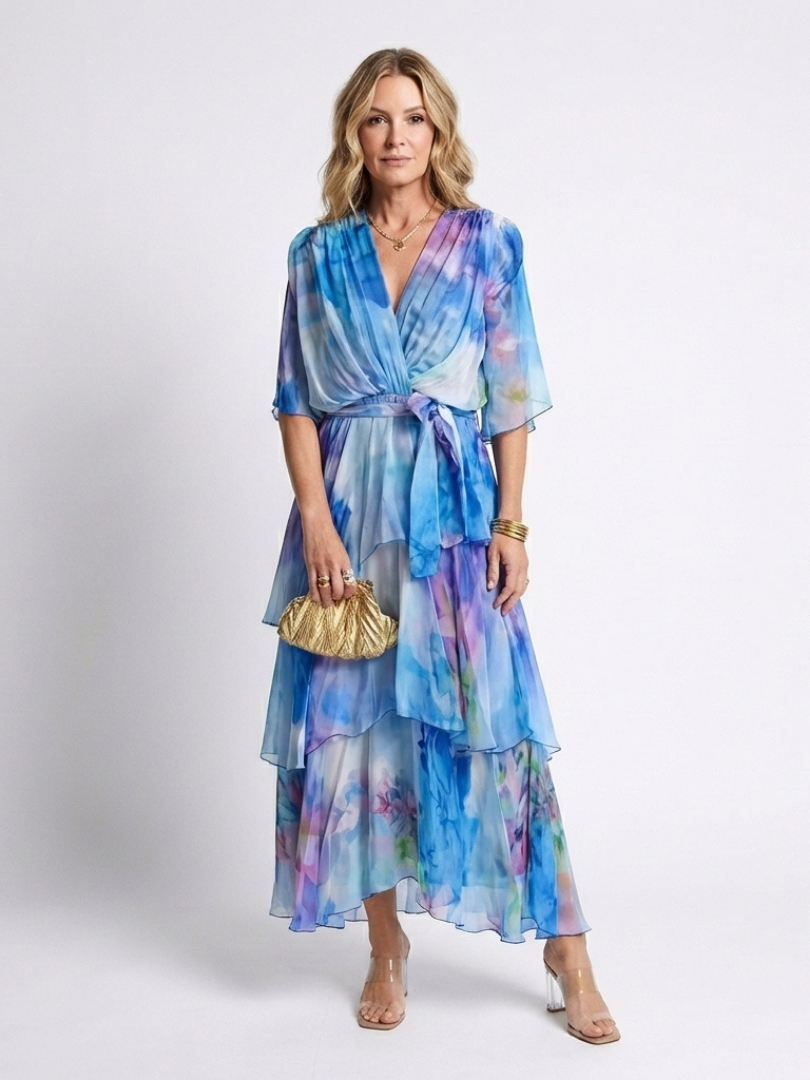 Calista | Vestido Maxi Transparente por Capas con Escote en V y Cintura Anudada