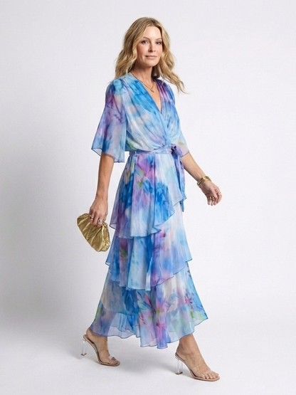 Calista | Vestido Maxi Transparente por Capas con Escote en V y Cintura Anudada
