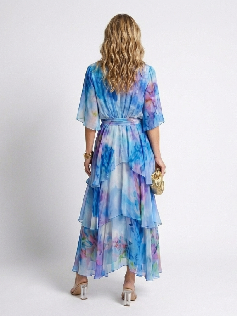 Calista | Vestido Maxi Transparente por Capas con Escote en V y Cintura Anudada