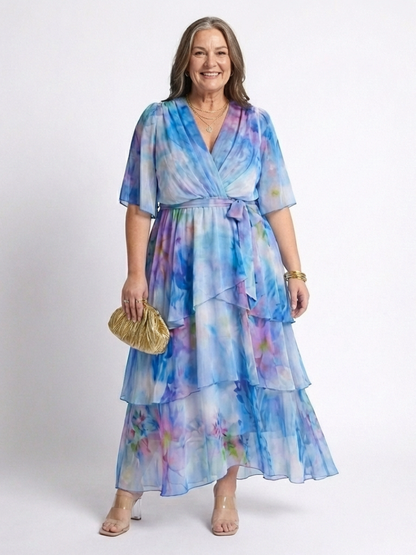 Calista | Vestido Maxi Transparente por Capas con Escote en V y Cintura Anudada