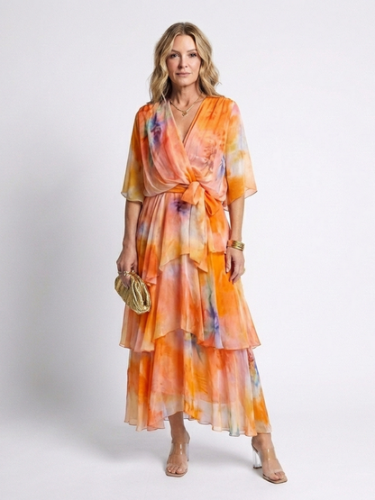 Calista | Vestido Maxi Transparente por Capas con Escote en V y Cintura Anudada