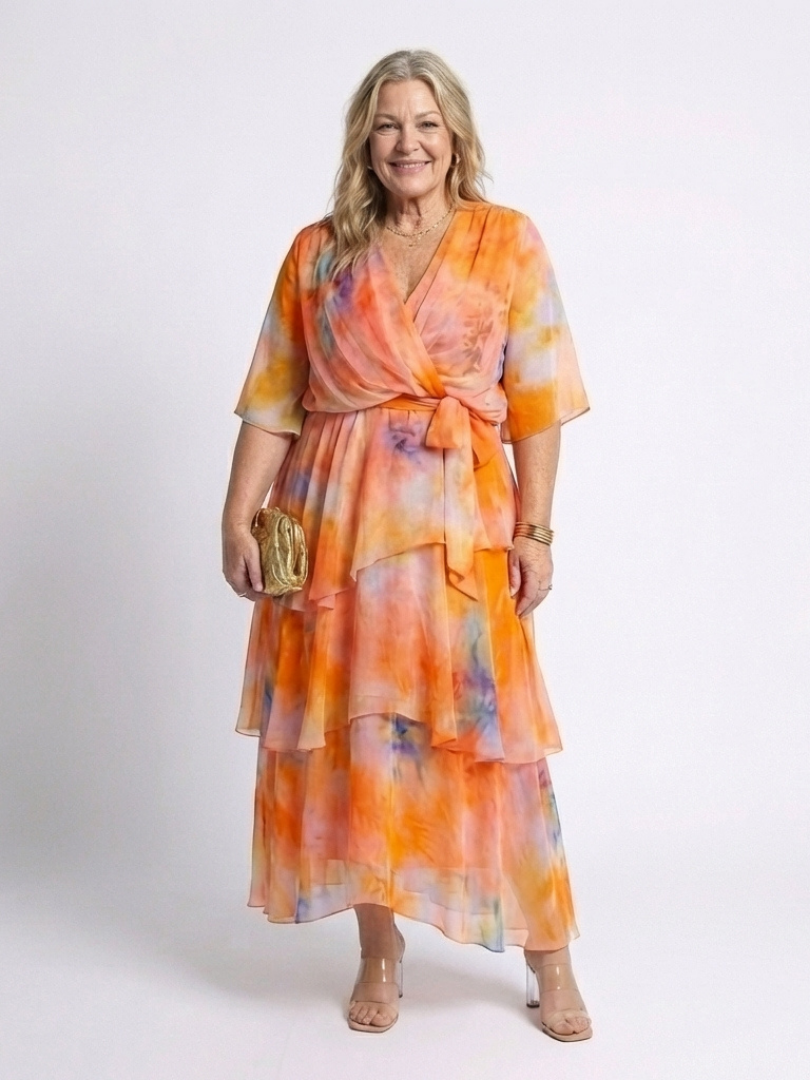 Calista | Vestido Maxi Transparente por Capas con Escote en V y Cintura Anudada