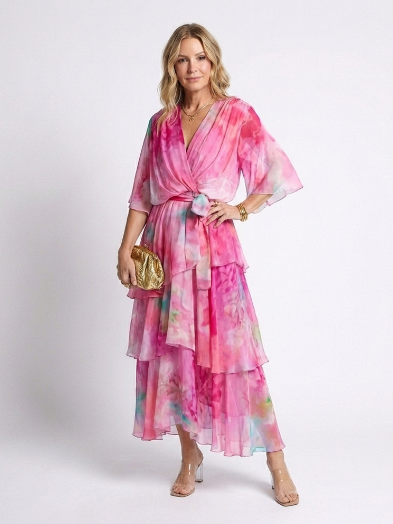 Calista | Vestido Maxi Transparente por Capas con Escote en V y Cintura Anudada