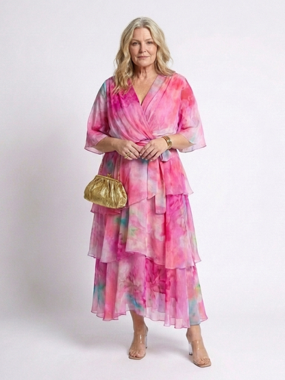 Calista | Vestido Maxi Transparente por Capas con Escote en V y Cintura Anudada
