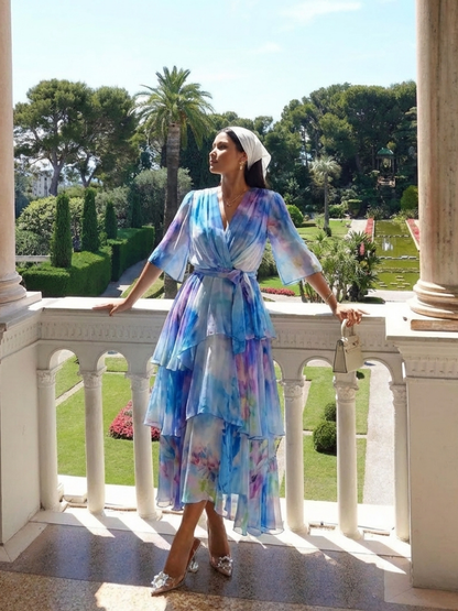 Calista | Vestido Maxi Transparente por Capas con Escote en V y Cintura Anudada