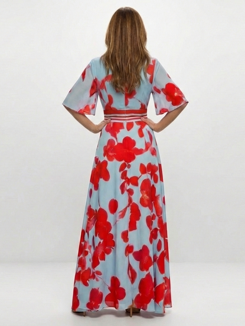 Corinne | Vestido Maxi Floral con Escote en V y Manga Corta