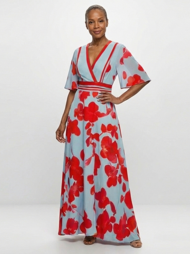 Corinne | Vestido Maxi Floral con Escote en V y Manga Corta
