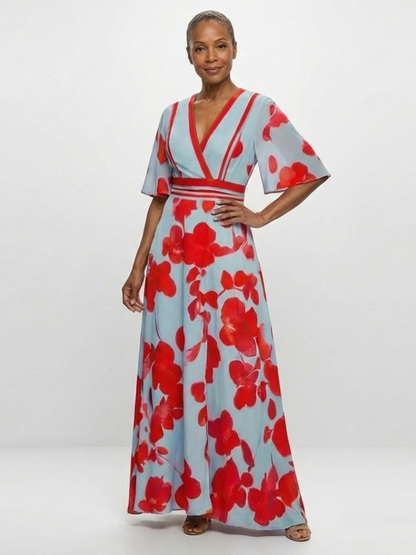 Corinne | Vestido Maxi Floral con Escote en V y Manga Corta