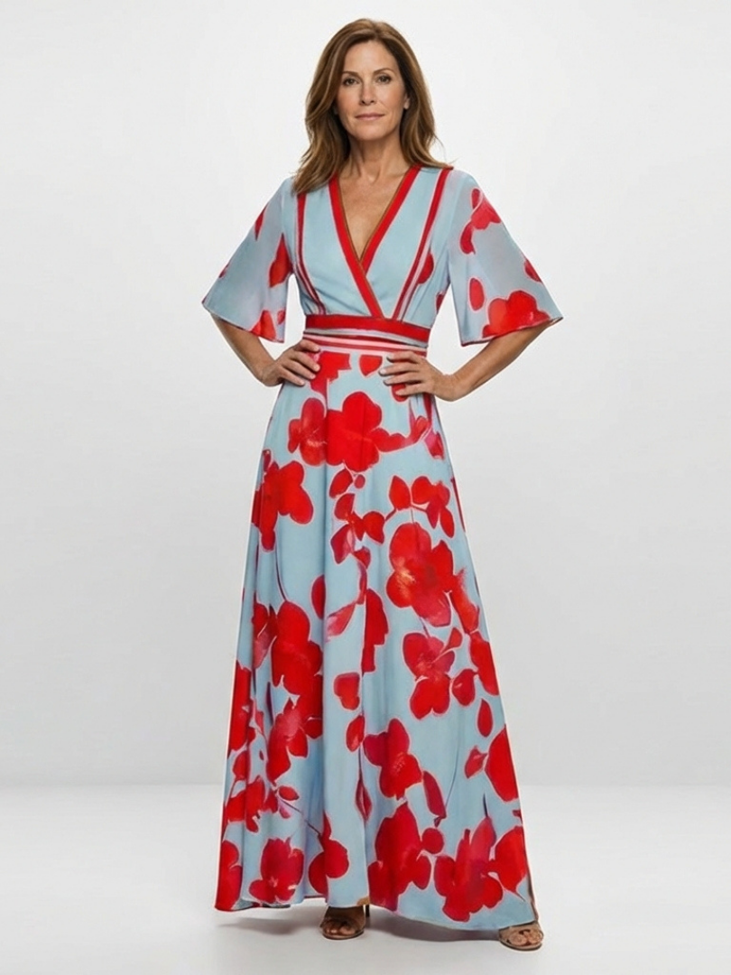 Corinne | Vestido Maxi Floral con Escote en V y Manga Corta