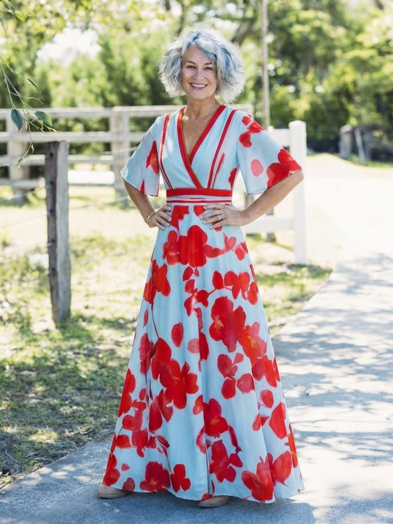 Corinne | Vestido Maxi Floral con Escote en V y Manga Corta