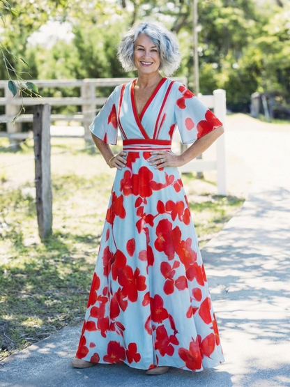 Corinne | Vestido Maxi Floral con Escote en V y Manga Corta