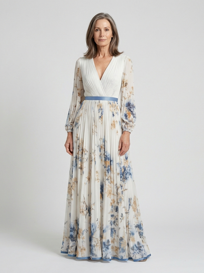 Lavinia | Vestido Maxi Floral con Escote en V y Manga Larga