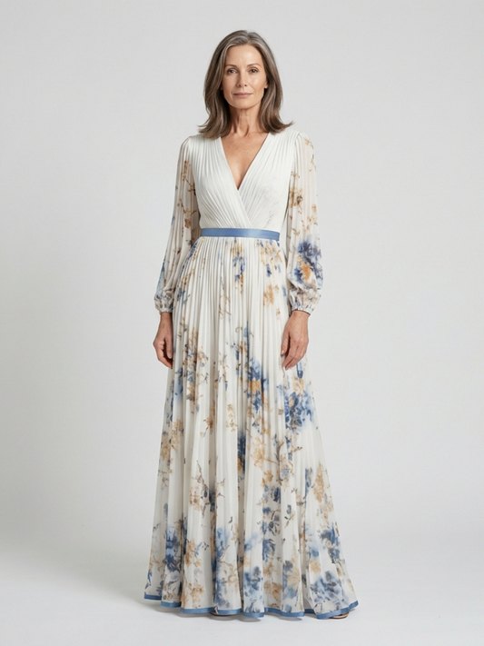 Lavinia | Vestido Maxi Floral con Escote en V y Manga Larga
