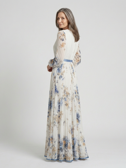 Lavinia | Vestido Maxi Floral con Escote en V y Manga Larga