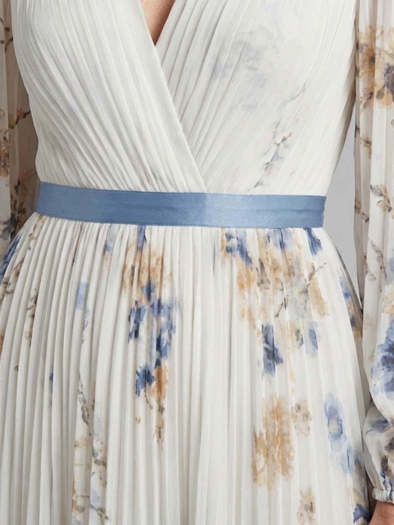 Lavinia | Vestido Maxi Floral con Escote en V y Manga Larga