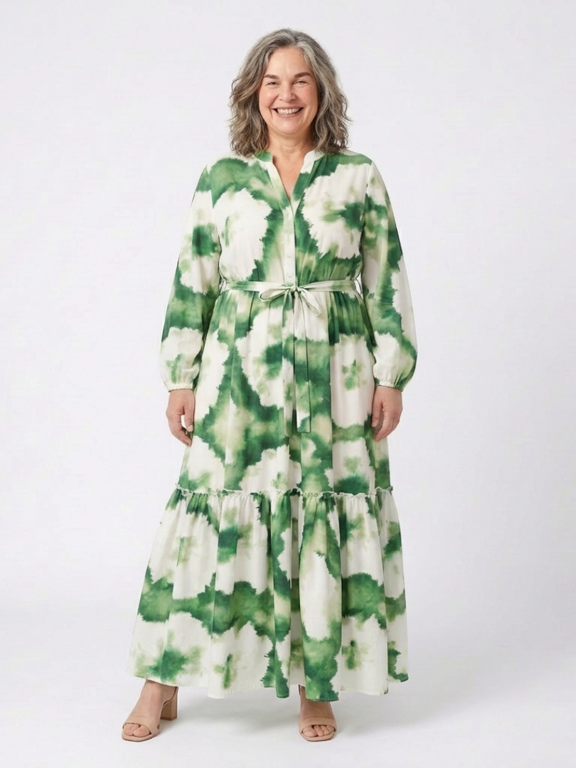 Sabine | Vestido Maxi por Niveles de Manga Larga con Cintura Anudada