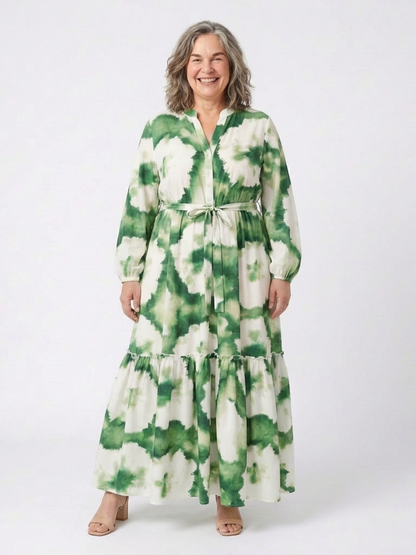 Sabine | Vestido Maxi por Niveles de Manga Larga con Cintura Anudada