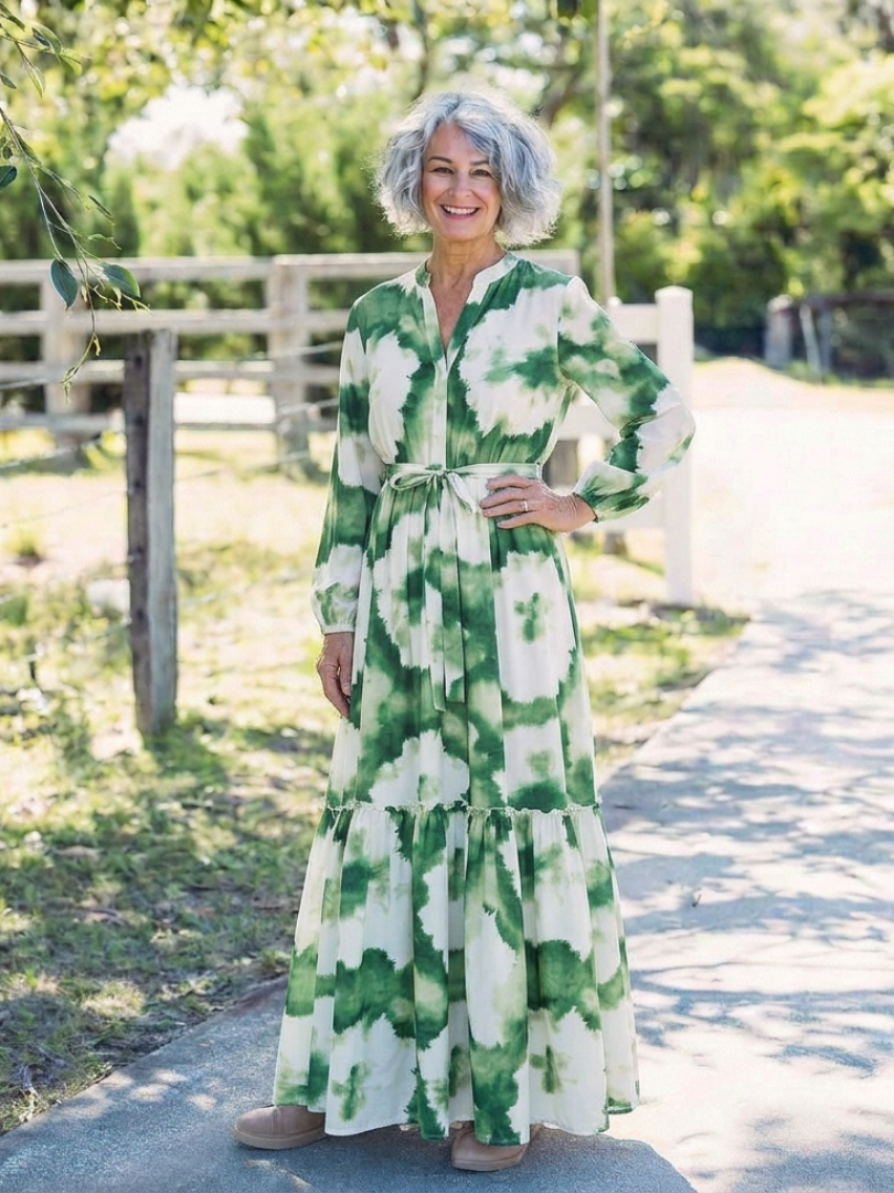 Sabine | Vestido Maxi por Niveles de Manga Larga con Cintura Anudada