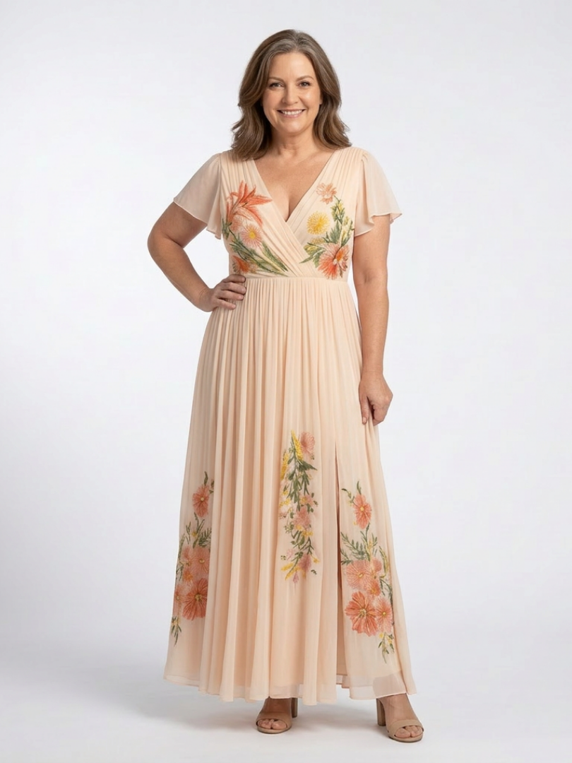 Calista | Vestido Maxi Floral Plisado con Escote en V y Manga Corta