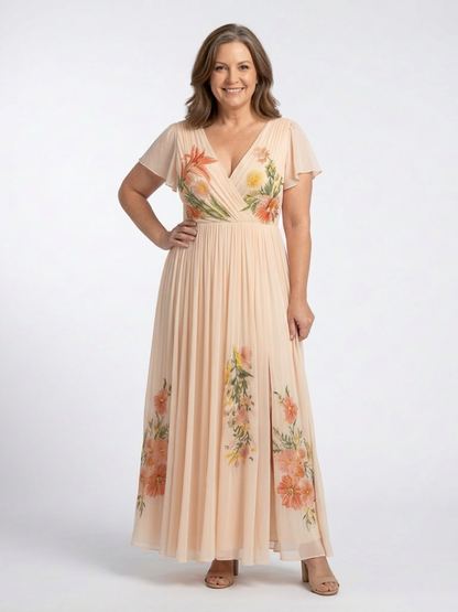 Calista | Vestido Maxi Floral Plisado con Escote en V y Manga Corta
