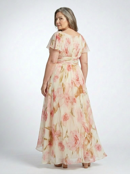 Elara | Vestido Maxi Floral con Escote en V y Manga Corta